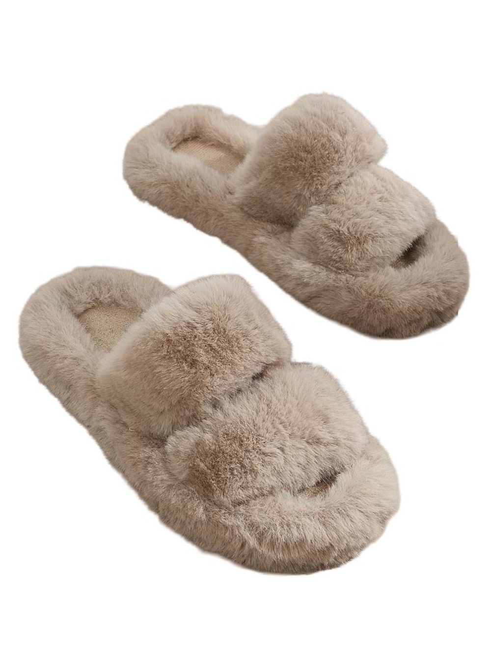 Women Khaki Furry Flat Slippers Size 8